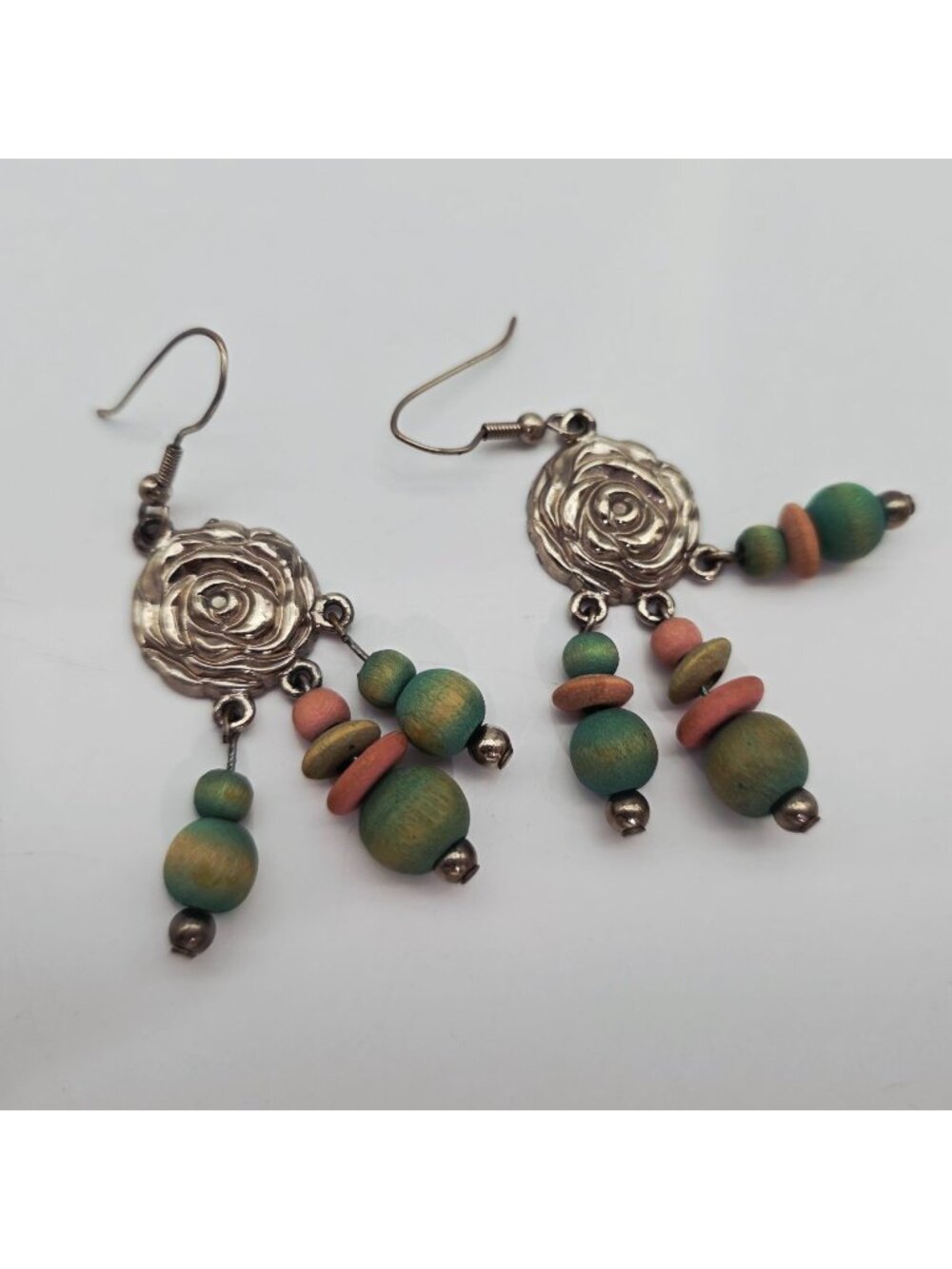 Beaded Dangle Earrings Floral Rose Motif & Metal Multicolored Wood Beads Boho